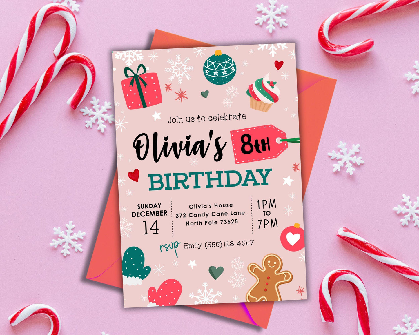 Christmas Birthday Party Invitation, Winter Holiday Girl Bday Invitation, Red Green Pink White Invite, Snowflake Evite,DIY Editable Template