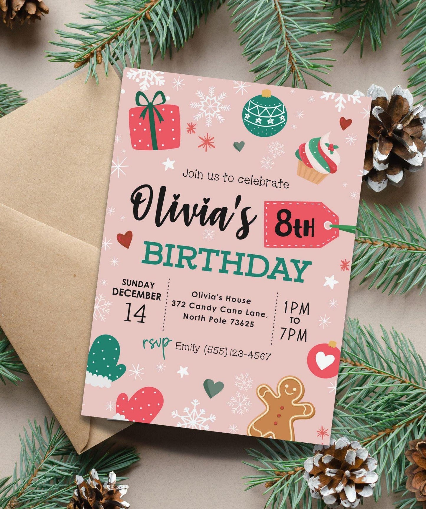 Christmas Birthday Party Invitation, Winter Holiday Girl Bday Invitation, Red Green Pink White Invite, Snowflake Evite,DIY Editable Template