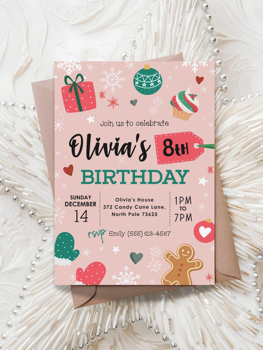 Christmas Birthday Party Invitation, Winter Holiday Girl Bday Invitation, Red Green Pink White Invite, Snowflake Evite,DIY Editable Template