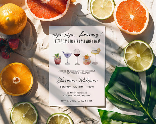 Retirement Party Invitation | Editable Retirement Celebration Event Invite | Sip Sip Hooray Last Work Day | DIY Printable Editable Template