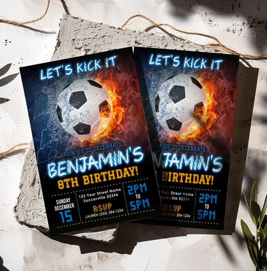 Editable Soccer Birthday Party Invitation Template, Printable Kid Soccer Bday Invite, DIY Boy Invitation, Let's Kick It Football Theme Party