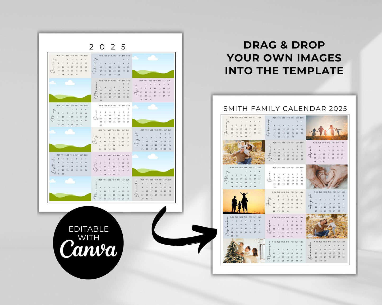 Editable 2025 Photo Calendar Template, Custom 12-Month Calendar Design for Canva, Family Photo Calendar 2025, Photo Collage Planner Template