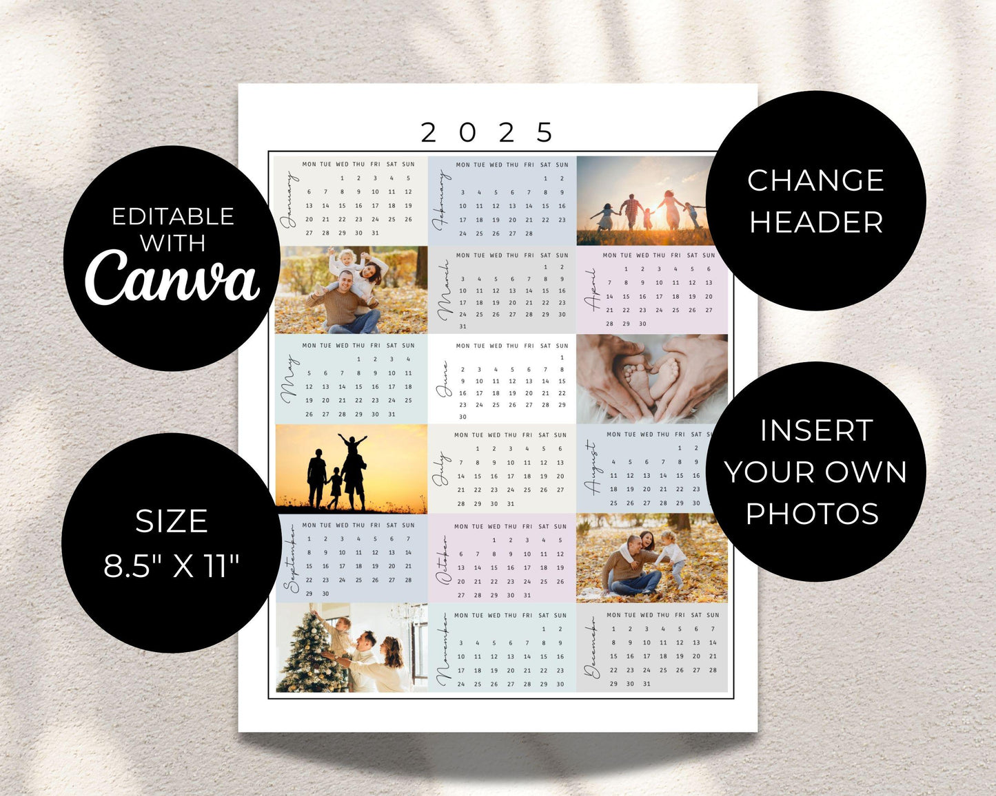 Editable 2025 Photo Calendar Template, Custom 12-Month Calendar Design for Canva, Family Photo Calendar 2025, Photo Collage Planner Template