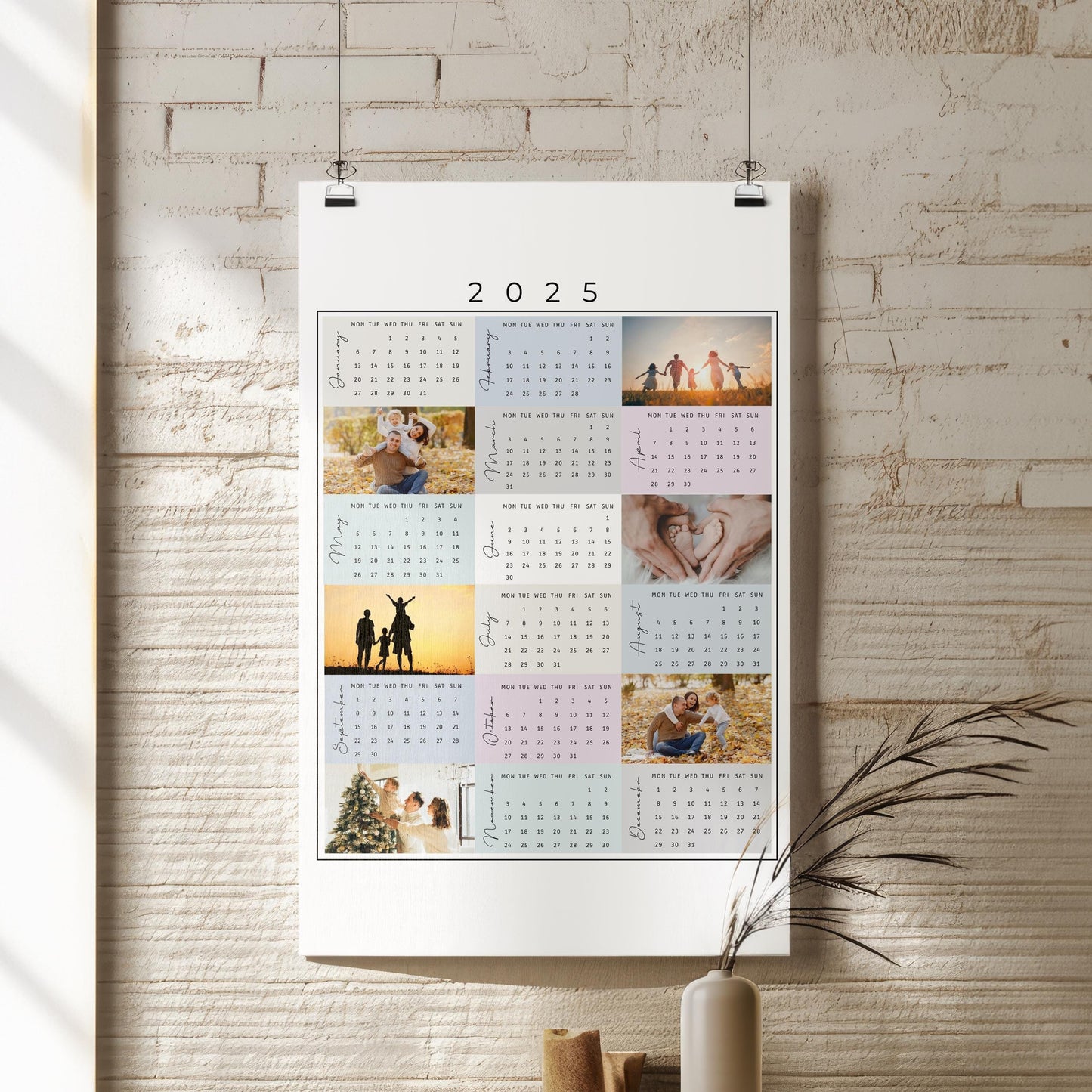 Editable 2025 Photo Calendar Template, Custom 12-Month Calendar Design for Canva, Family Photo Calendar 2025, Photo Collage Planner Template