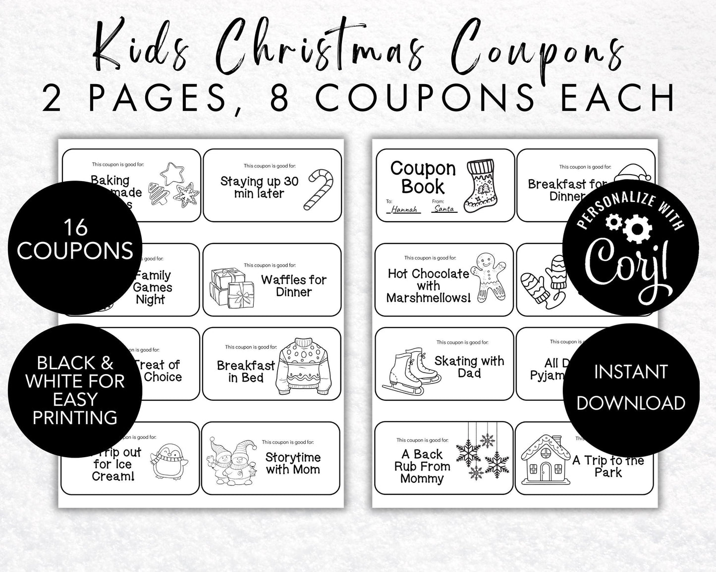 Editable Christmas Coupon Book for Kids, Child Stocking Stuffer, Printable Christmas Coupons from Parent or Grandparents, DIY Color Your Own