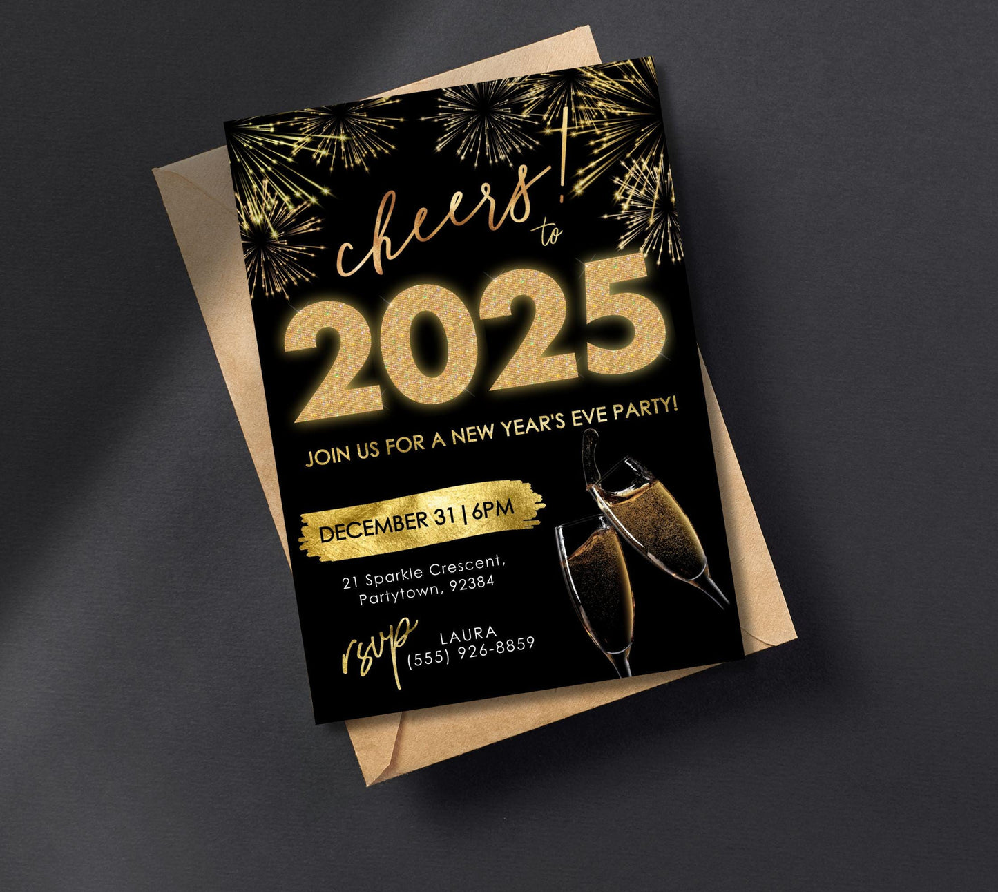 New Year's Eve Party Invitation, NYE Invitation, New Years Invite, DIY Editable NYE Invitation, 2025 Party, Black and Gold Party Invitation