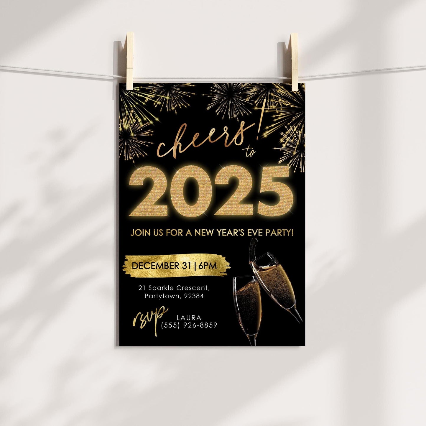 New Year's Eve Party Invitation, NYE Invitation, New Years Invite, DIY Editable NYE Invitation, 2025 Party, Black and Gold Party Invitation