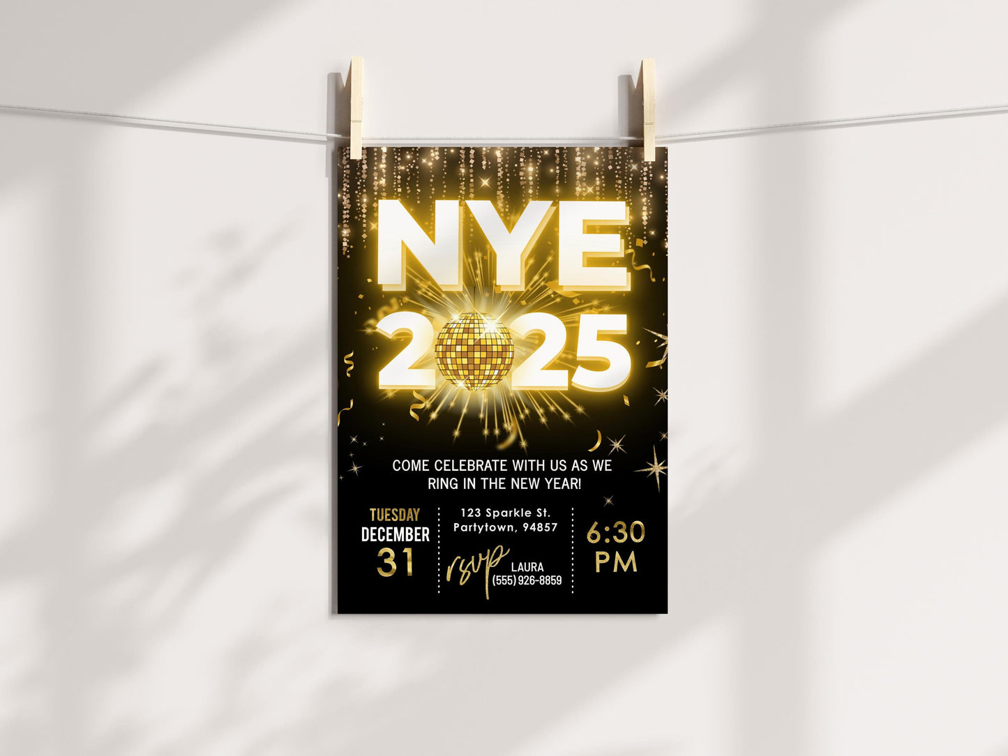 New Year's Eve Party Invitation, NYE Invitation, New Years Invite, DIY Editable 2025 Countdown Event Invite, Black and Gold Party Invitation