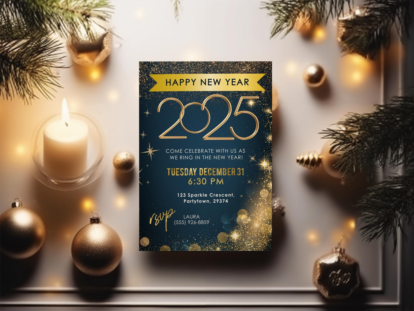 New Year's Eve Party Invitation, NYE Invitation, New Years Invite, DIY Editable Template, 2025 NY Celebration, Gold Glitter Party Invitation