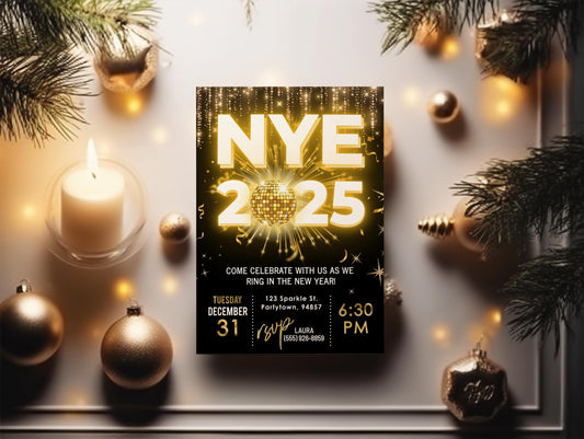 New Year's Eve Party Invitation, NYE Invitation, New Years Invite, DIY Editable 2025 Countdown Event Invite, Black and Gold Party Invitation