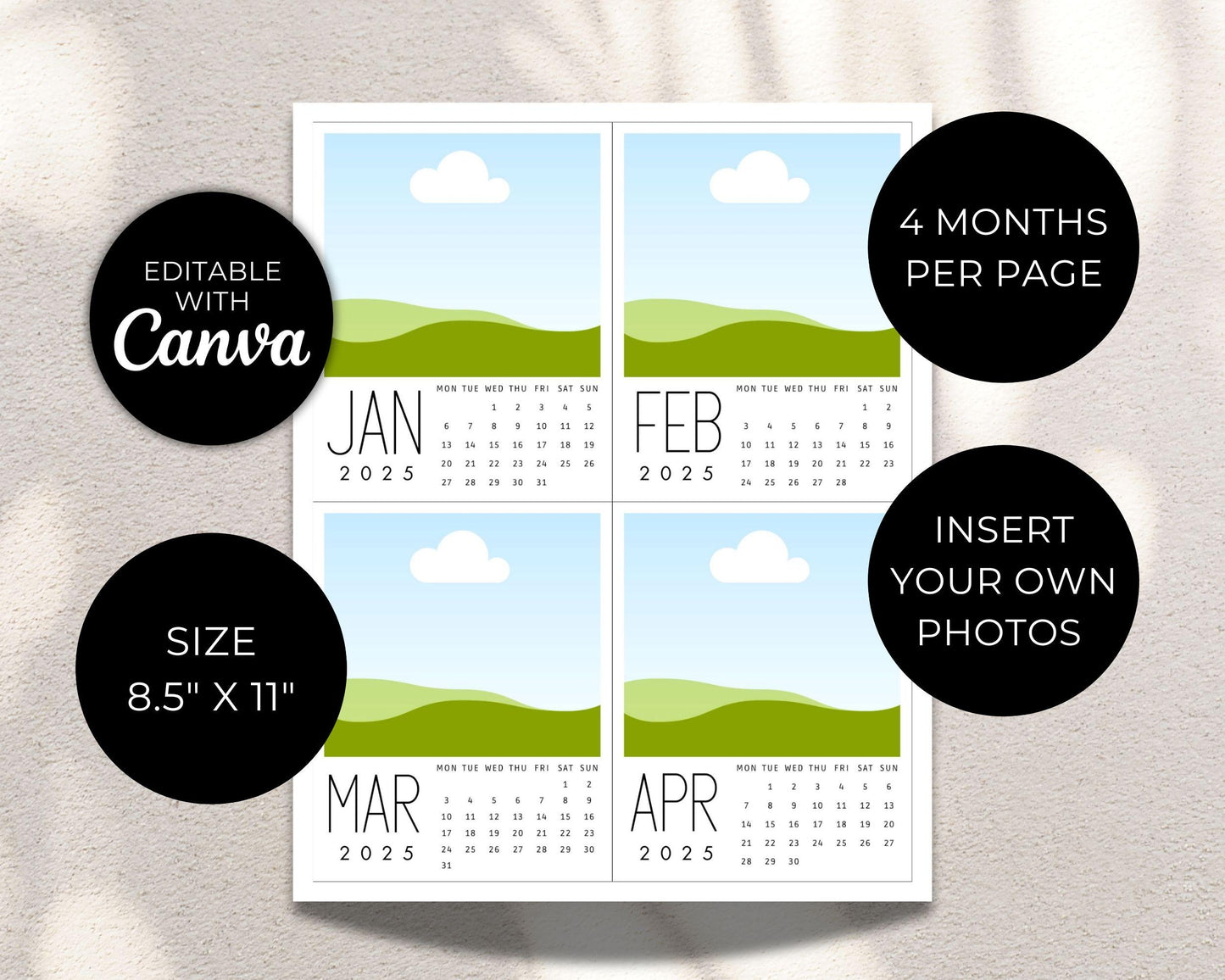 Editable 2025 Photo Calendar, Mini Monthly Calendar, Personalized Printable Christmas or Birthday Gift, Custom Monthly Picture Wall Calendar