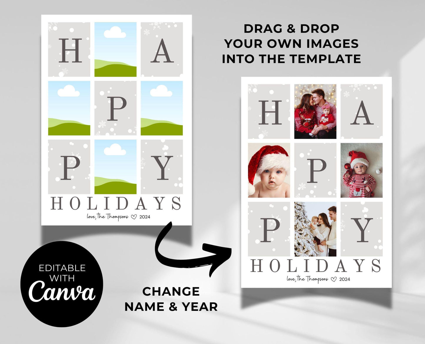 Photo Christmas Card, Customizable Merry Christmas Happy Holiday Card, Family Photos Greeting Card Digital Download, DIY Editable Template