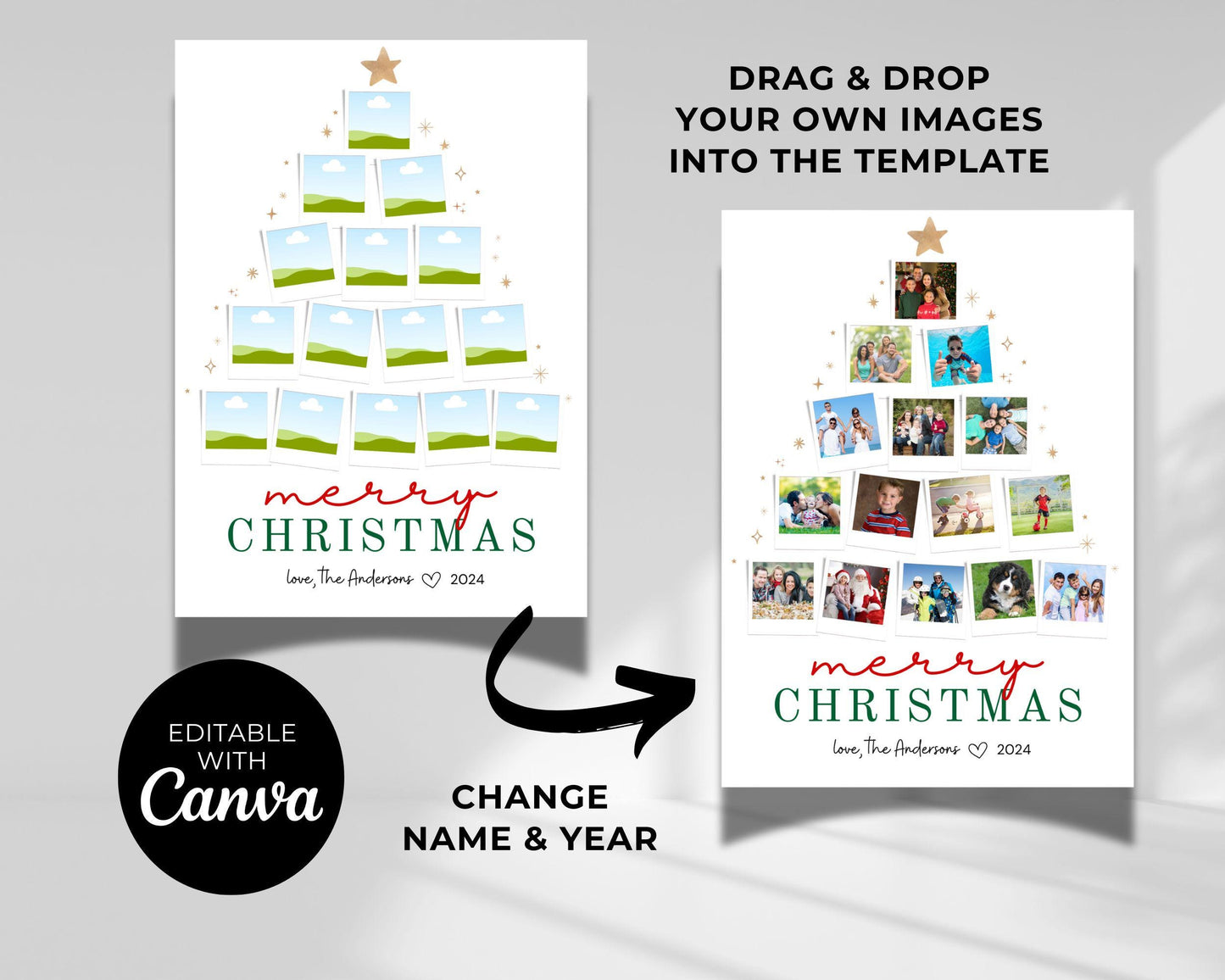 Photo Christmas Card, Custom Holiday Greeting Card, Christmas Tree Card, Family Photos Greeting Card Digital Download, DIY Editable Template