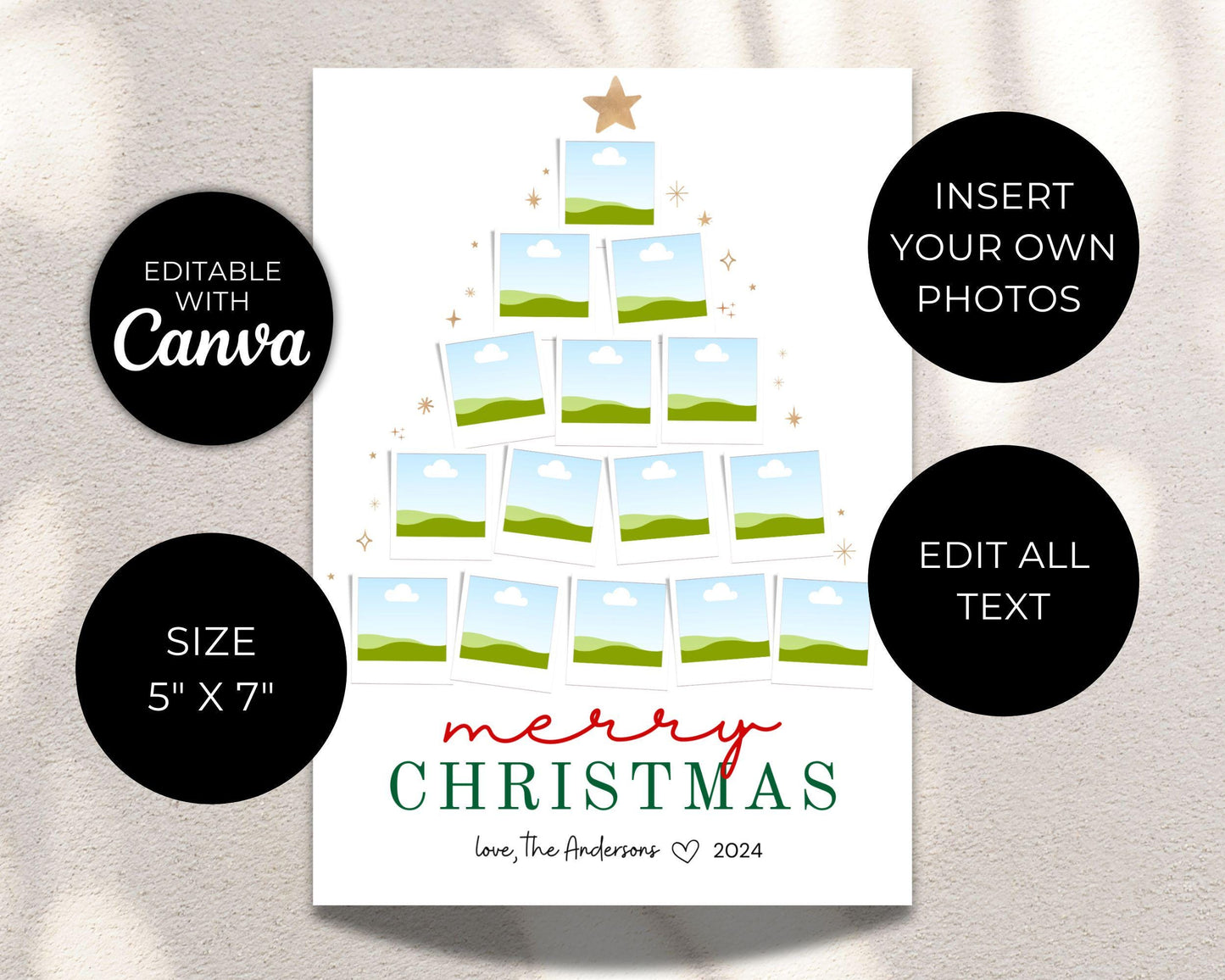 Photo Christmas Card, Custom Holiday Greeting Card, Christmas Tree Card, Family Photos Greeting Card Digital Download, DIY Editable Template