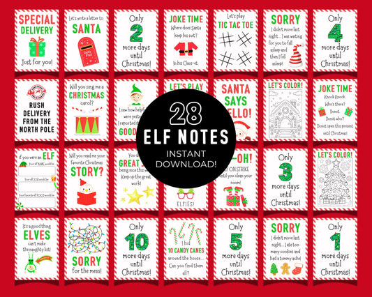 Christmas Elf Notes, Daily Elf Props & Fun Activites, Set of 28 Elf Cards with Jokes, Games, Notes from the North Pole, Elf Letters to Kids