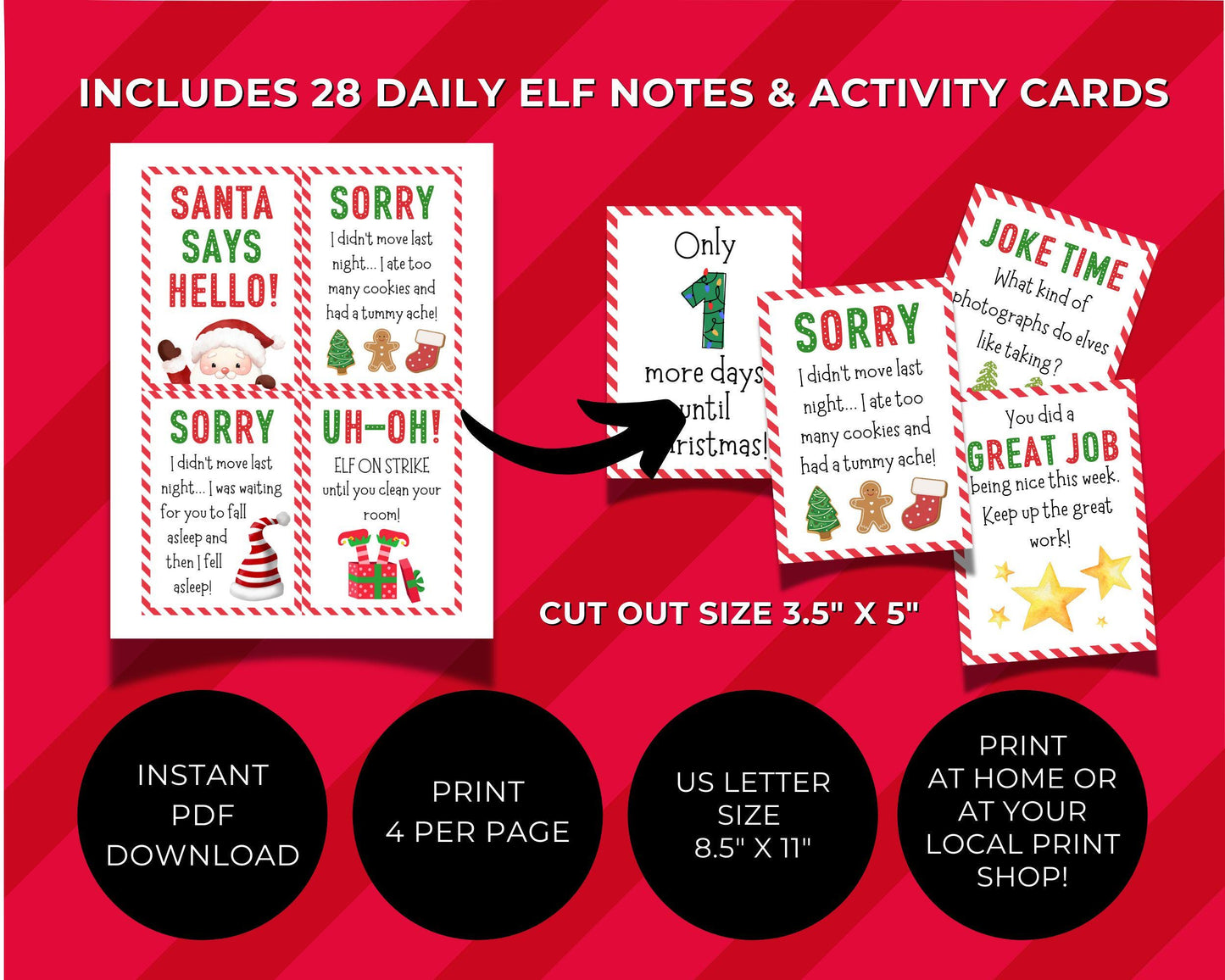 Christmas Elf Notes, Daily Elf Props & Fun Activites, Set of 28 Elf Cards with Jokes, Games, Notes from the North Pole, Elf Letters to Kids