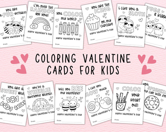 Coloring Valentine's Day Cards for Kids, Set of 24 Assorted Valentine Gift Tags, Color Your Own Vday Cards for Students Classmates Classroom