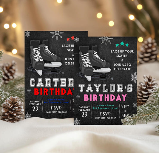 Hockey Birthday Party Invitation, Ice Skate Invite, Skating Rink Party, Hockey Skates Event, Boy Girl Child Bday DIY Editable Template Evite