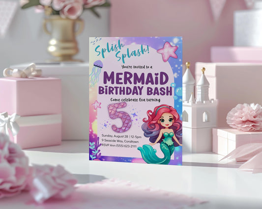 Splish Splash It's a Mermaid Birthday Bash Party Invitation, Girl Swim Bday Invite, Kids Birthday Pool Party,DIY Printable Editable Template