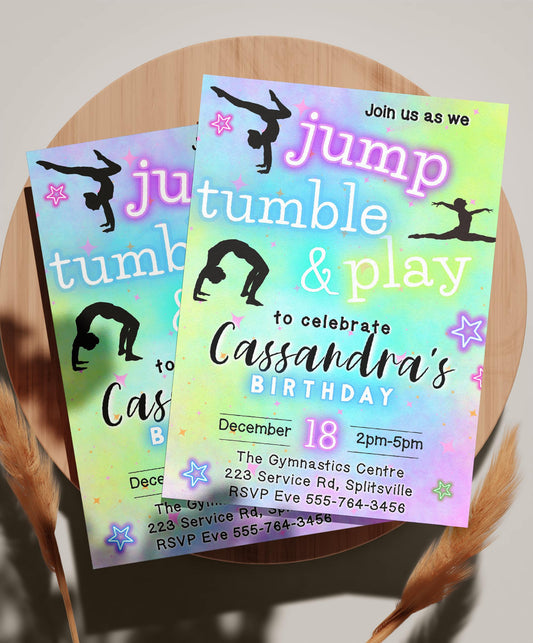 Gymnastics Birthday invitation, Jump Tumble & Play Birthday Party Invitation, Kid Girl Gymnastics Party Invite, Printable Editable Template