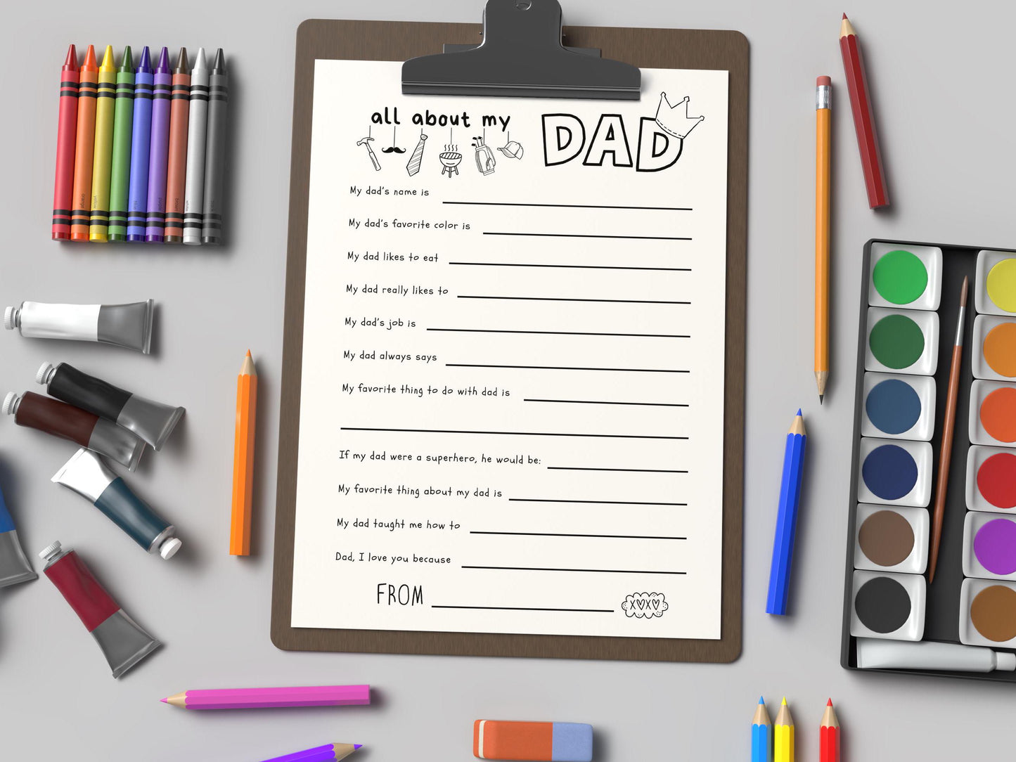 Father's Day All About Dad Fill In Blanks Printable Craft, Gift for Dad from Child, School or Daycare Craft, Fathers Day Keepsake for Daddy