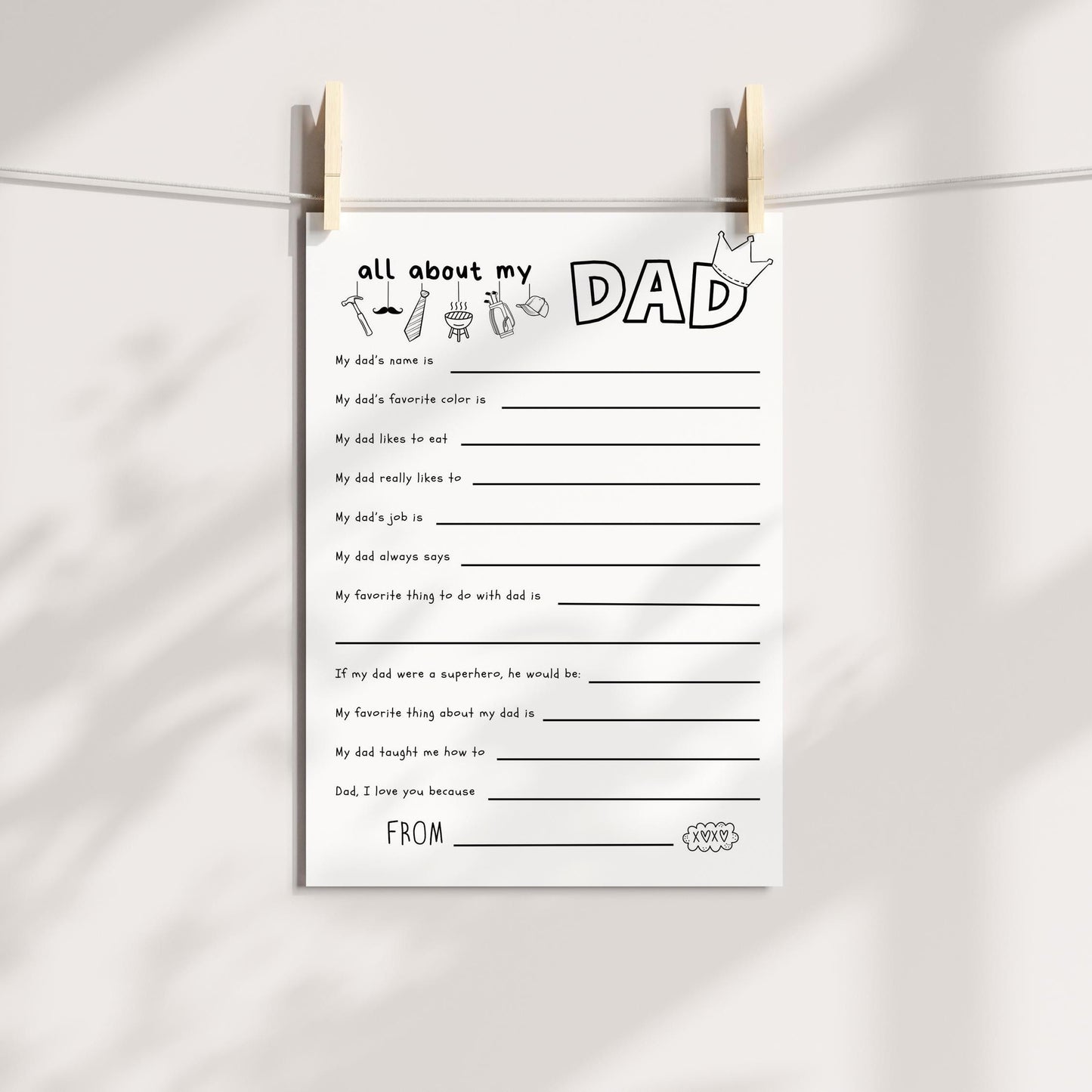 Father's Day All About Dad Fill In Blanks Printable Craft, Gift for Dad from Child, School or Daycare Craft, Fathers Day Keepsake for Daddy