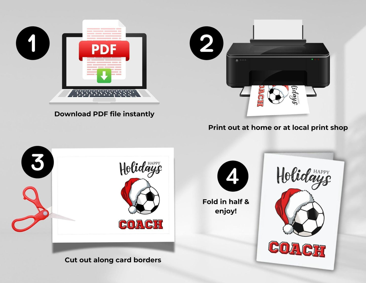 Christmas Card for Soccer Coach, Holiday Thank You Greeting Card, Soccer Team Printable Folded Card for Coaches from Players, Football Xmas