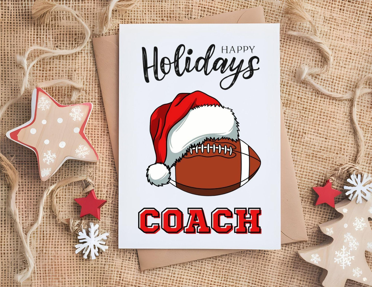 Christmas Card for Football Coach, Holiday Thank You Greeting Card, Football Team Printable Folded Card for Coaches from Players, Santa Hat