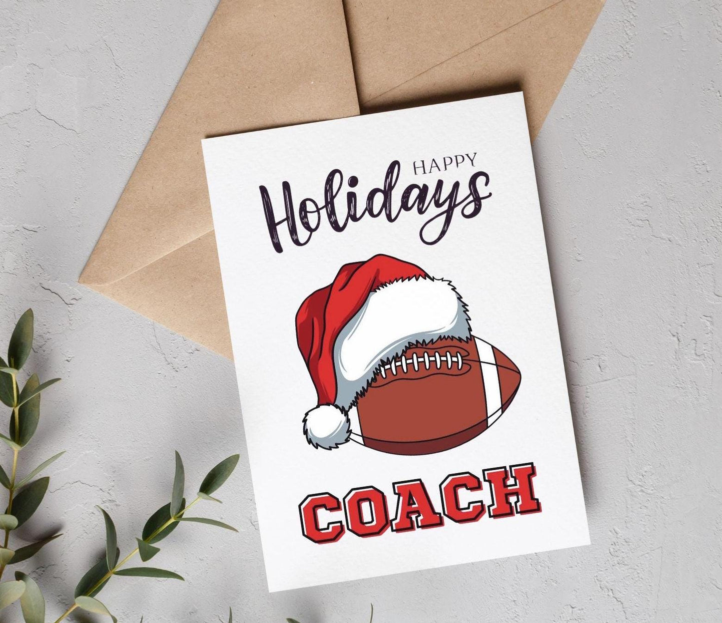 Christmas Card for Football Coach, Holiday Thank You Greeting Card, Football Team Printable Folded Card for Coaches from Players, Santa Hat