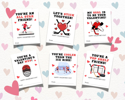 Hockey Themed Valentine's Day Cards for Kids, DIY Hockey Vday Day Gift Tags for Classmates, Printable Valentines for Boys & Girls Classroom