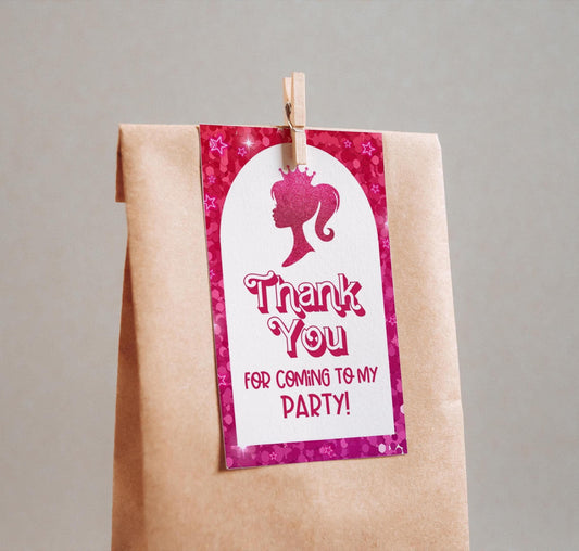 Pink Doll Birthday Thank You Tags, Girl Birthday Party Favor Tags, Kids Bday Loot Bag Labels, Instant Digital Download, Printable Template