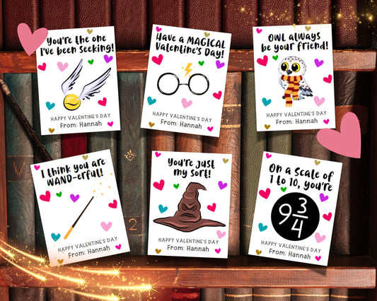 Editable Wizard Kids Valentine Cards, Magic Valentine's Day Tags, Vday Cards for Students Classroom, Wand Owl Spell Magical Wizardry Card