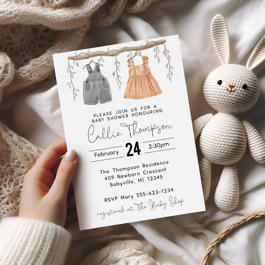 Boho Baby Shower Invitation Template, Gender Neutral Invitation, Baby Clothes Baby Shower Invite,Boy Girl Twins Shower, Editable Template