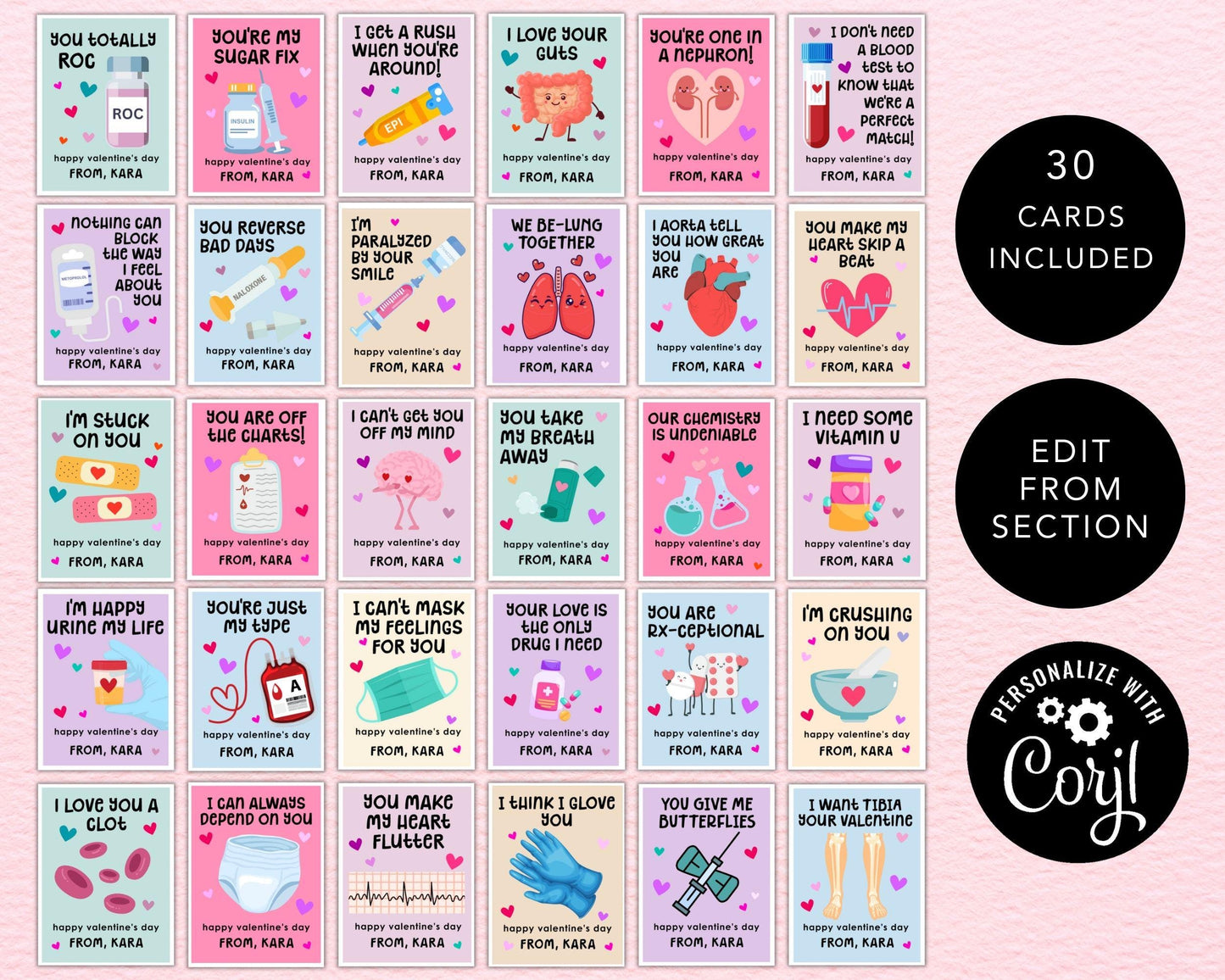 Medical Valentine's Day Cards, Funny Printable VDay Cards for Nursing Medicine Pharmacy, Valentines Day Cards for Colleagues Students Staff