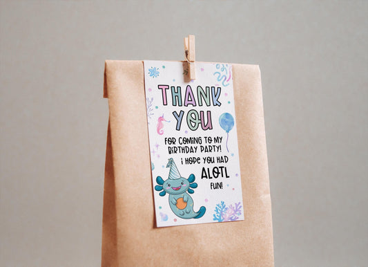 Axolotl Birthday Thank You Tags, Girl Birthday Party Favor Tags, Kids Bday DIY Loot Bag Labels, Instant Digital Download, Printable Template