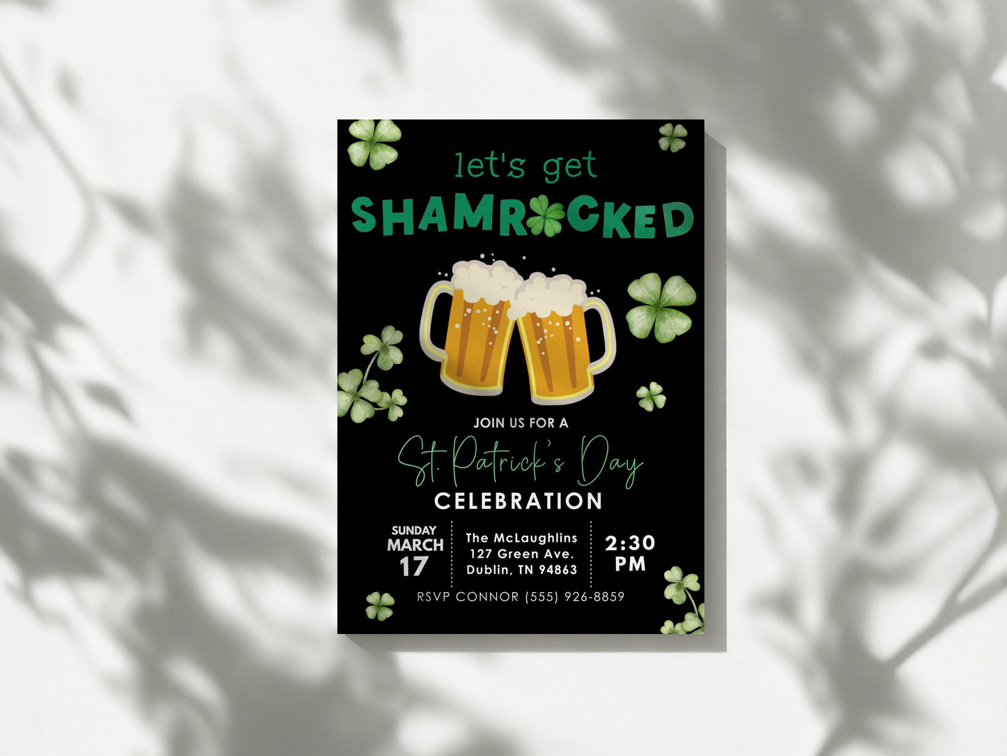 St. Patrick's Day Celebration Invitation, Let's Get Shamrocked, Saint Patrick's Day Party Invite, Green Beer Party, St. Patty's/Paddy's Day